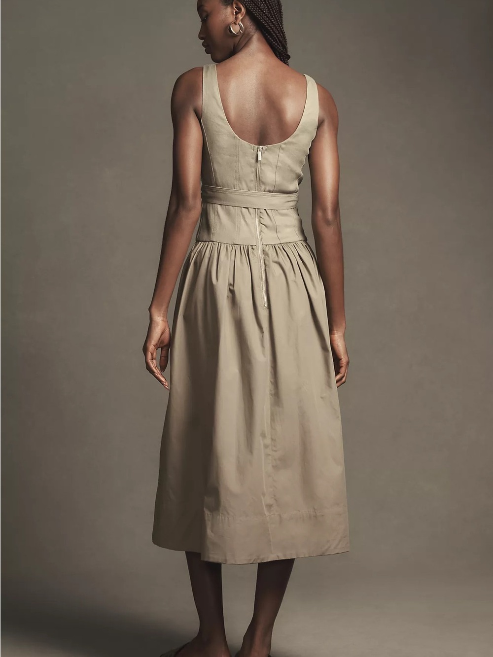 Anthropologie Sleeveless Belted Drop-Waist Midi Dress Utility Corset Olive Small - Picture 6 of 9